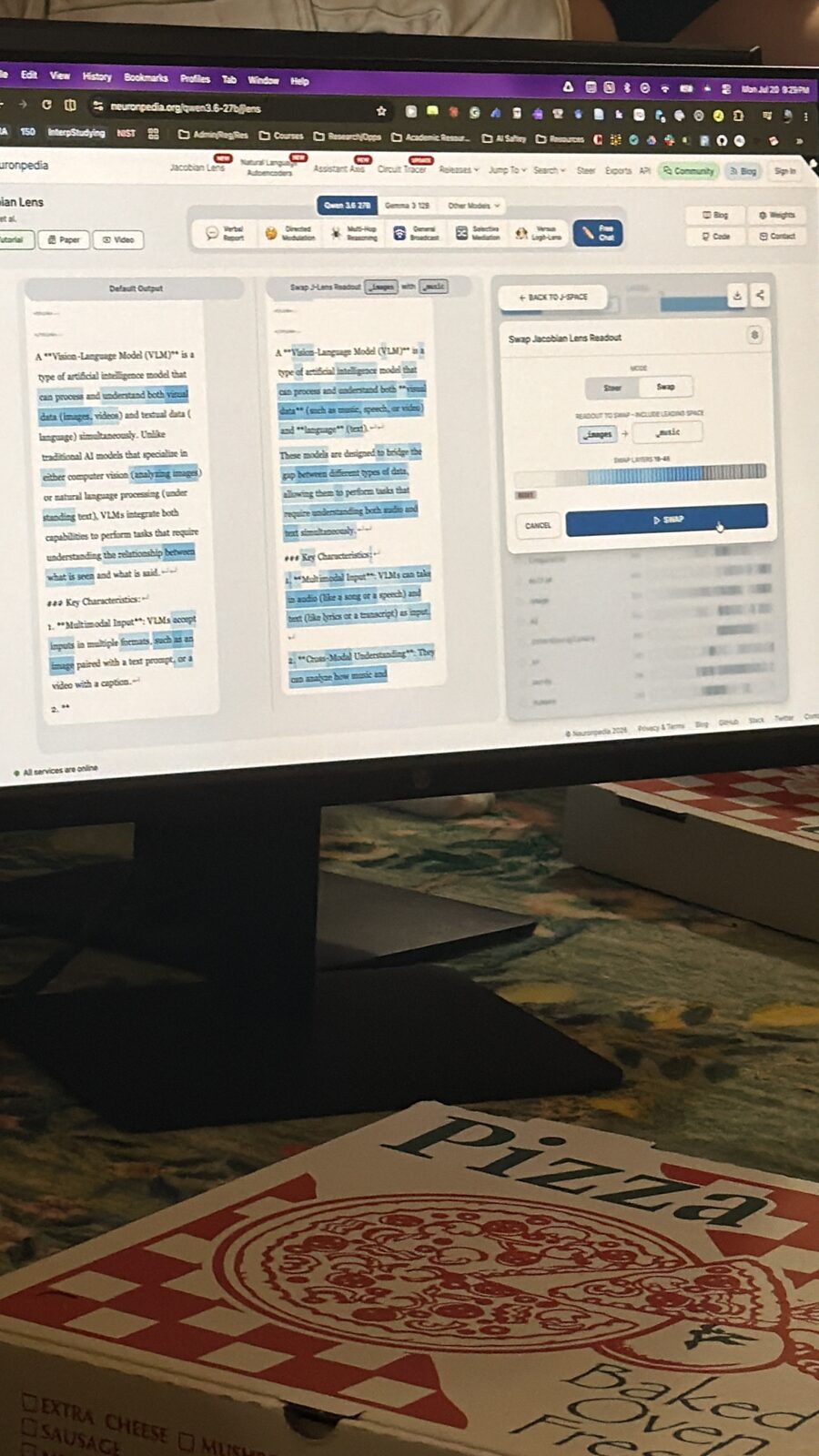Neuronpedia's Jacobian Lens (J-Space) interface — swapping the Jacobian Lens readout for a vision-language model